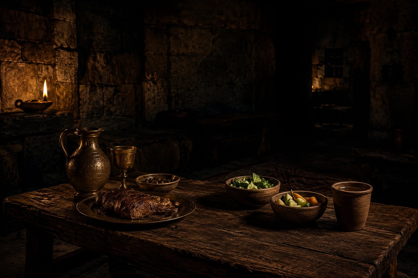 A mesa do palácio babilônico posta com carnes e vinho, e ao lado a tigela simples de legumes e água