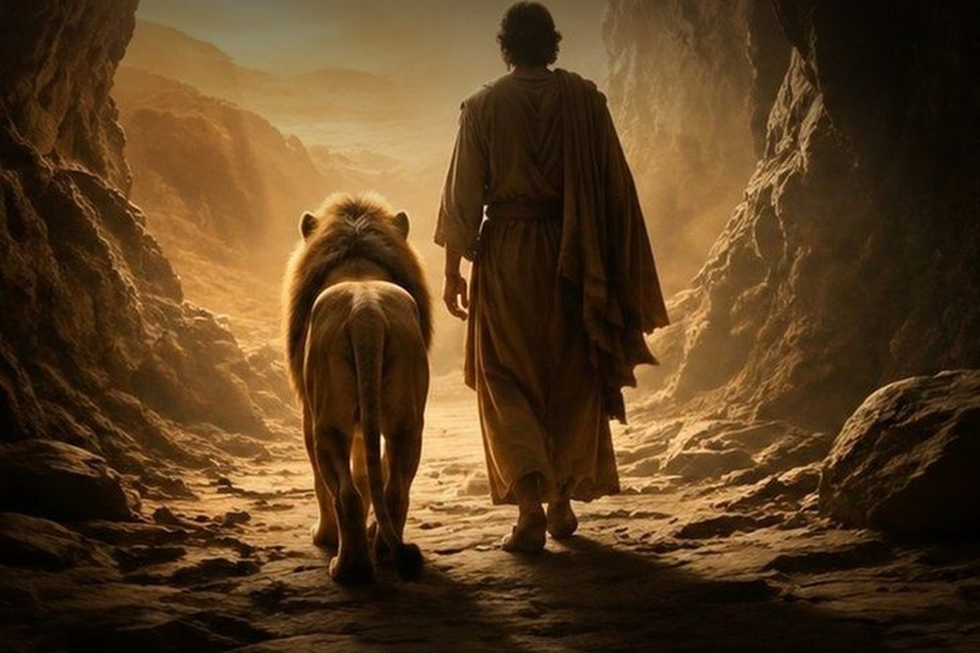 Daniel saindo da cova ao amanhecer, com um leão caminhando ao lado dele